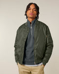 Olive green padded bomber jacket featuring a zip and sleeve pocket
