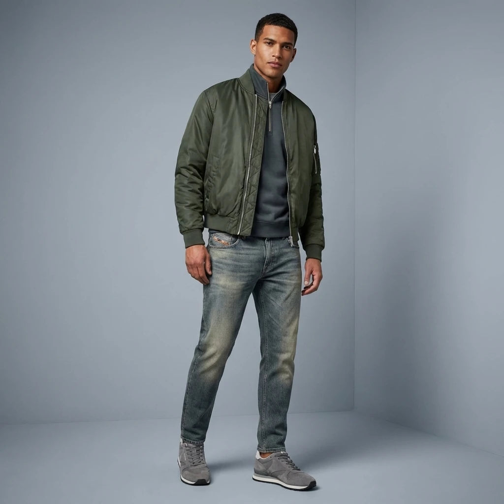 Unisex olive green bomber jacket crafted from recycled materials